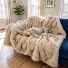 IHAPPYDOG Faux Fur Dog Blanket, Waterproof Couch Cover, White W/ Brown Tips