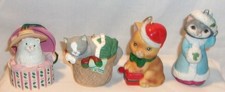 4 KITTY CAT CHRISTMAS TREE ORNAMENTS - HALLMARK, HATBOX, CERAMIC, 