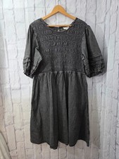 Terra & Sky 1X Washed Black Smocked Puff Half Sleeve Keyhole Knee Length Dress