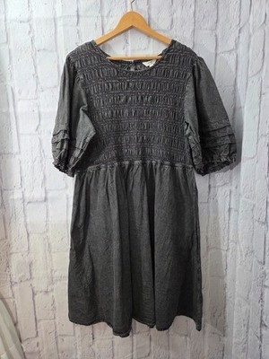 Terra & Sky 1X Washed Black Smocked Puff Half Sleeve Keyhole Knee Length Dress