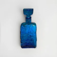 VTG MCM Empoli Glass Decanter Bottle Vase Blue Aqua Textured Bark W/stopper READ