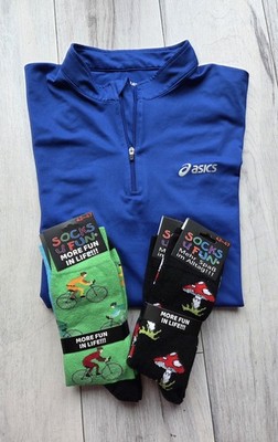 ASICS Sportshirt Herren XL blau + 4 Paar Fun Socken Gr. 42 47 NEU