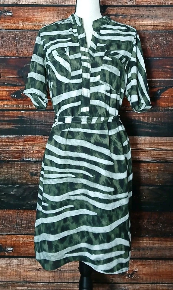 Vestido Sharagano Talla 12 Cinturón Verde Blanco Cebra Rayas Manga Corta Forrado  Foto 3 de 4