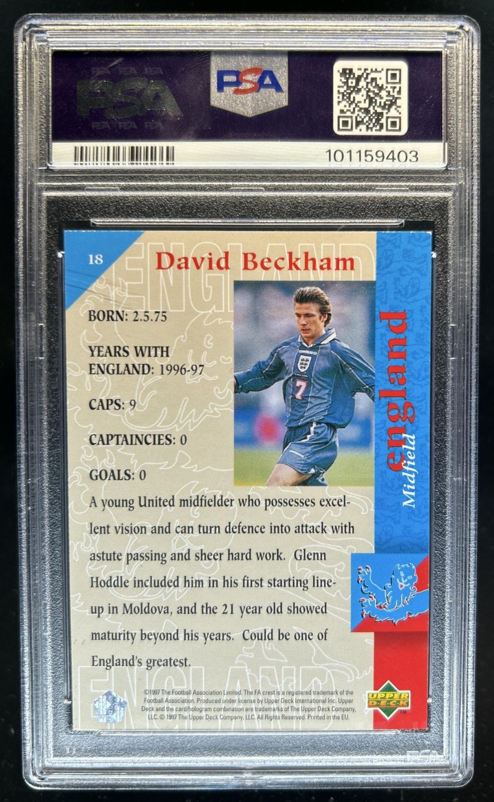 1997 Upper Deck David Beckham England 1998 #18 PSA 6 view 2