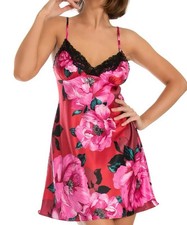 Linea Donatella Women's Sonia Floral Satin Chemise, Size X-Large, Crimson