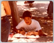Vtg Color Snapshot Jamie Lopez Signing Yearbooks High School Student Outdoors