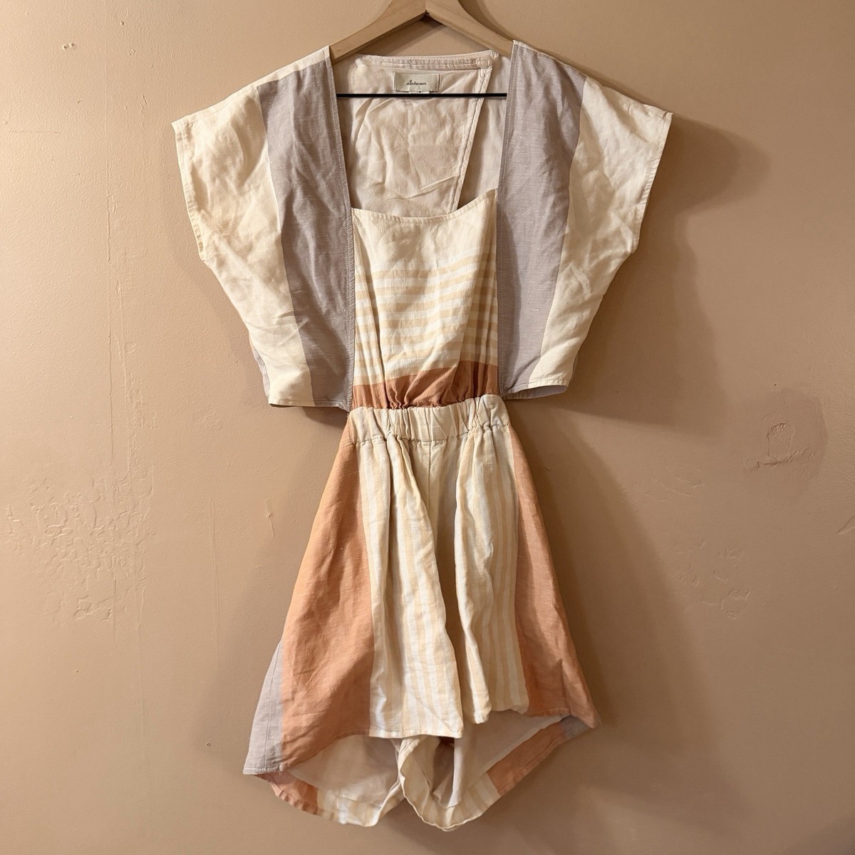 Elevenses Anthropologie Striped Cutout Romper XS Linen Blend Boxy Coastal