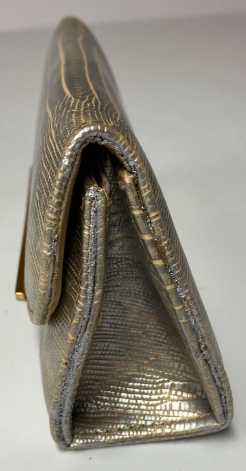 Embreagem noturna Judith Leiber couro falso metálico jacaré cristais Swarovski - Imagem 4 de 4
