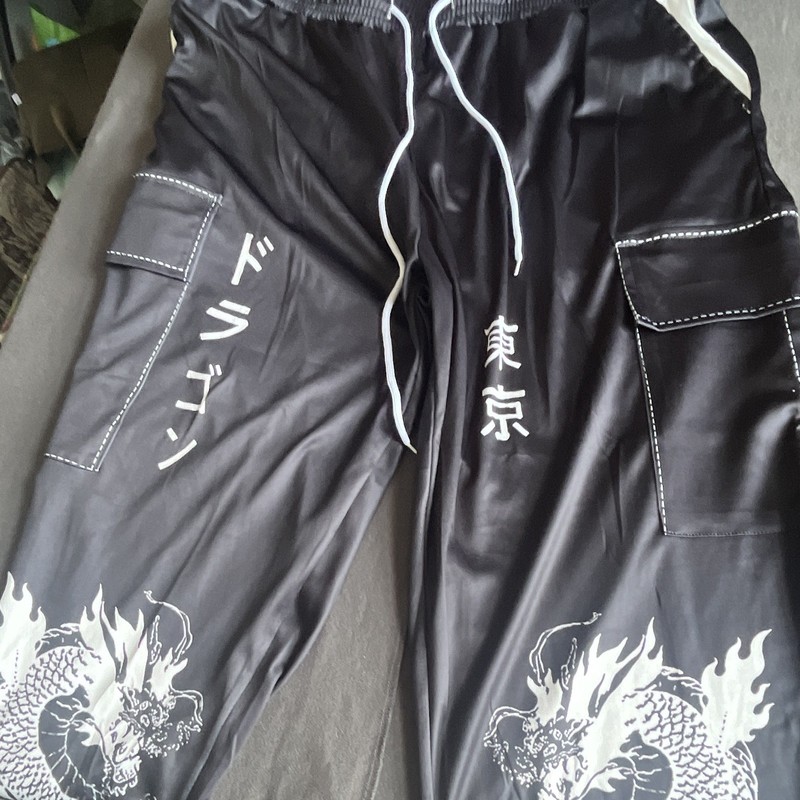 Men's Black Dragon Graphic Joggers Cargo Pants with Japanese Katakana Text 2xl