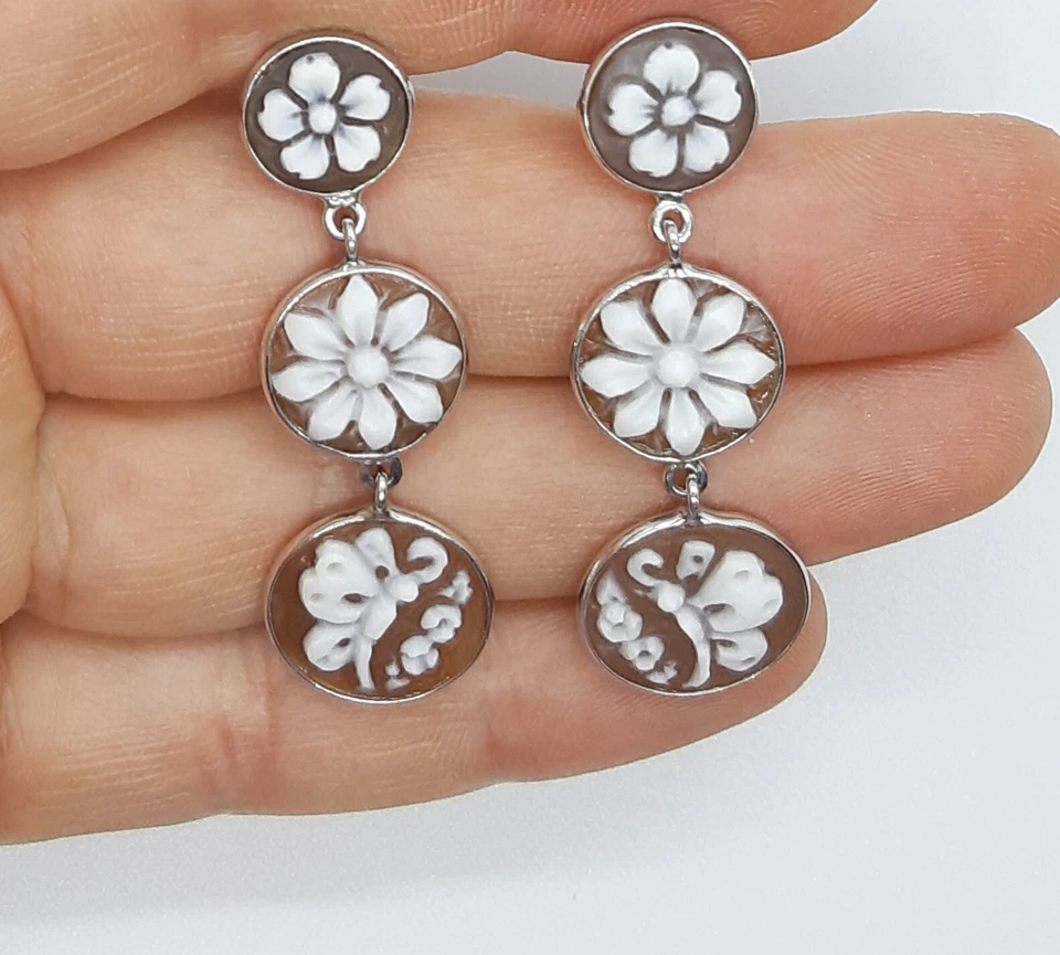 Orecchino Argento Cammeo Primavera Cameos Fiore Earrings Perno Farfalla Donna - Immagine 4 di 4