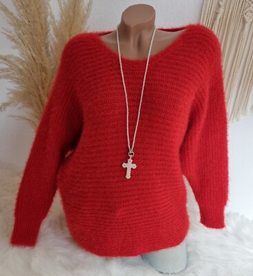Italy Kuschel Damen Strick Pullover Fledermaus Ärmel Pulli Plüsch 36 38 40 Rot 
