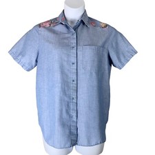 Vintage Blouse Alfred Dunner Size 10 Blue Button Up Shirt Floral Shoulders
