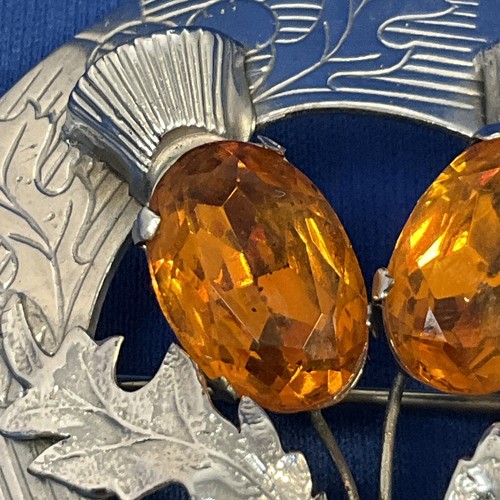 MIZPAH Silver Thistle Amber Glass Brooch - Picture 2 of 8