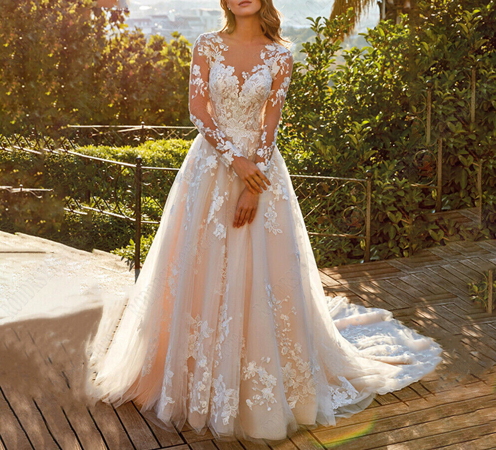 navy blue dress for baby girl Plus Size A-Line Wedding Dress Long Sleeve Lace Bridal Gown V-Neck Sweep  Train Garden from Dhgate A-Line Wedding Dresses main image 0