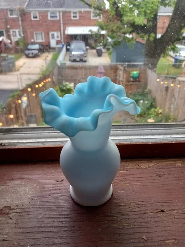 Vintage Fenton Spanish Ruffle Milk Glass and Aqua Blue Vase