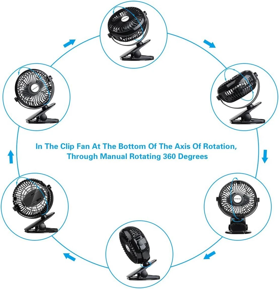 Ventilador de cochecito recargable con clip portátil con rotación de 360 grados Foto 3 de 4