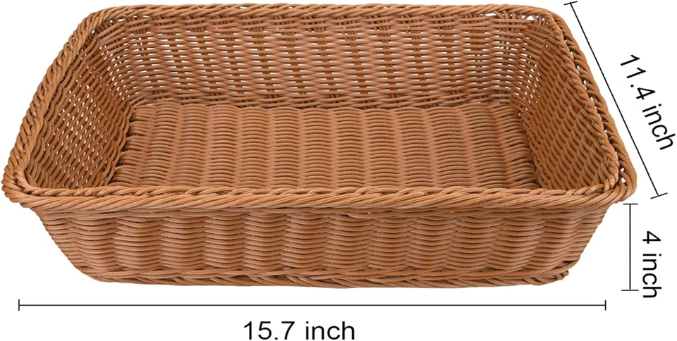 2 Pack Poly Wicker Woven Bread Basket, 16 Inch Rectangular Fruit Baskets Food Se - Image 2 of 4