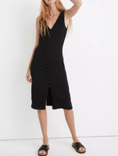 Madewell A2418 Women's Black Cotton Ribbed Button-Down Tank Midi Dress Size XL