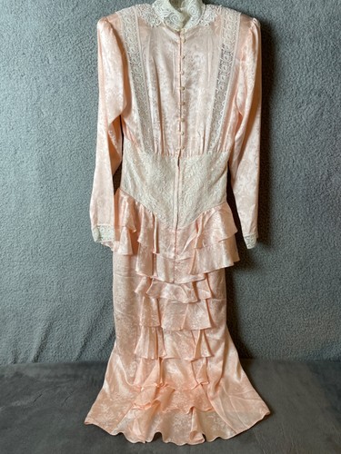 Jessica McClintock Womens Dress 8 Pink Silk White Lace Ruffles High Neck Buttons - Picture 6 of 23