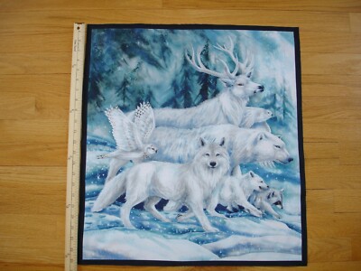  Winter's Wildlife Wolf Bear Owls Raccoon Deer  Cotton Quilt Fabric Block/Large 
