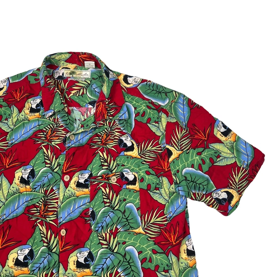 Camisa de campamento informal Joe Marlin Hawaiana AOP Parrot Palms ajuste cómodo roja para hombre XL Foto 3 de 4