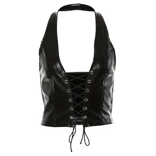 Hot Damen Gothic Wet Look Lackleder Tank Top Schnürung Corsage BH Weste Clubwear - Bild 7 von 17