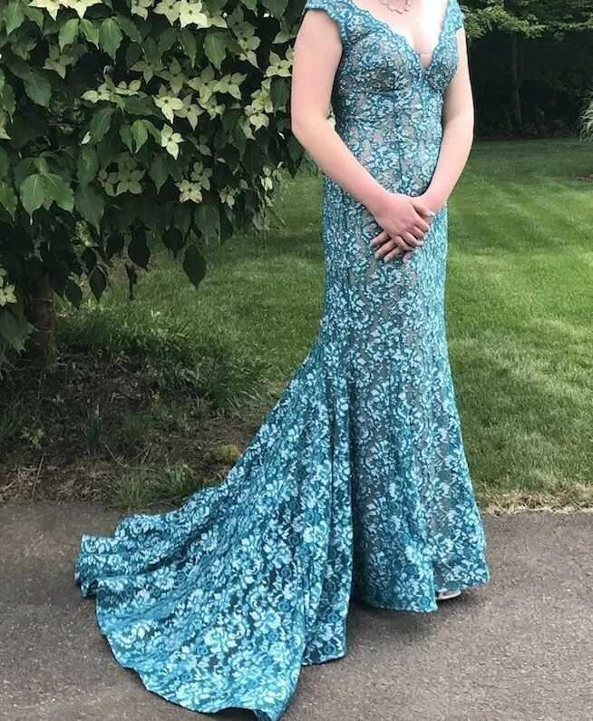 Jovani Floral Lace Beaded Prom Fitted Long Evening Gown Size 4 Blue Green - Image 2 of 4