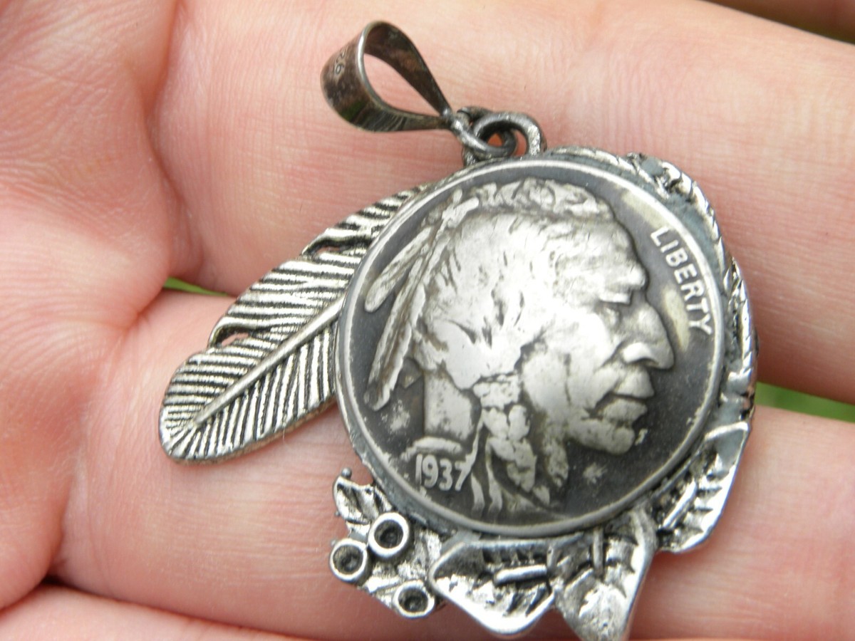 Pendant 1937 authentic Buffalo Indian Head coin feather nice gift