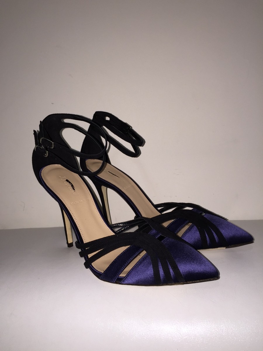 $350 ROXIE SUEDE SATIN ANKLE-STRAP PUMPS NAVY BLACK HEELS E4675