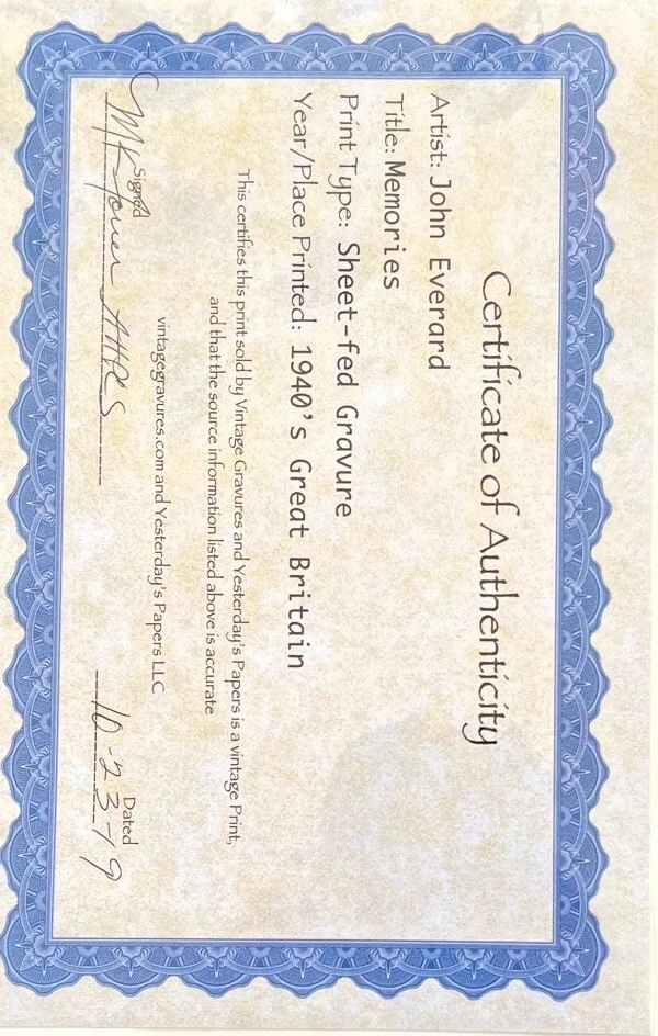 JOHN EVERARD SHEET-FED GRAVURE 1940's "MEMORIES" - Image 3 of 3