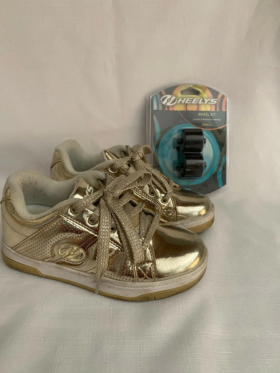 HEELYS SPLIT CHROME GOLD SNEAKERS SHOES WITH BRAND NEW WHEELS YOUTH KIDS SIZE 2