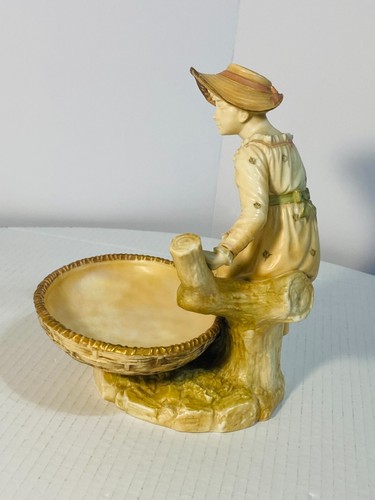 Antique 1889 James Hadley Royal Worcester Porcelain Girl with Basket Candy Dish - Picture 6 of 20