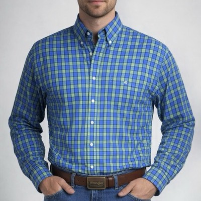 Wrangler George Strait Mens Long Sleeve Shirt Blue Green Plaid Western - Size XL