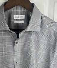 Calvin Klein Shirt Mens Large Gray Plaid Steel Plus Slim Fit Stretch Non Iron