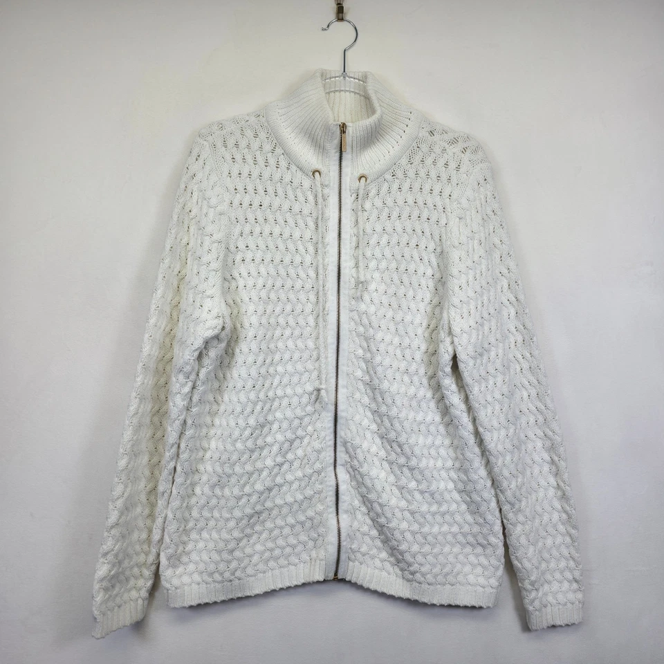 Liz and Co Cardigan Womens 1X White Cable Knit Heavyweight Lounge Cozy Sweater - Image 3 of 4