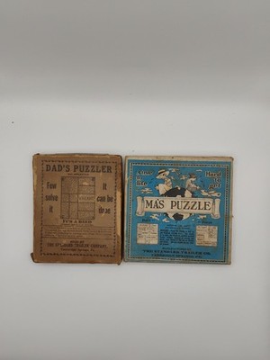 Antique Dad's Puzzler & Ma's Puzzle Games Standard Trailer Co. Wood Block Lot 2