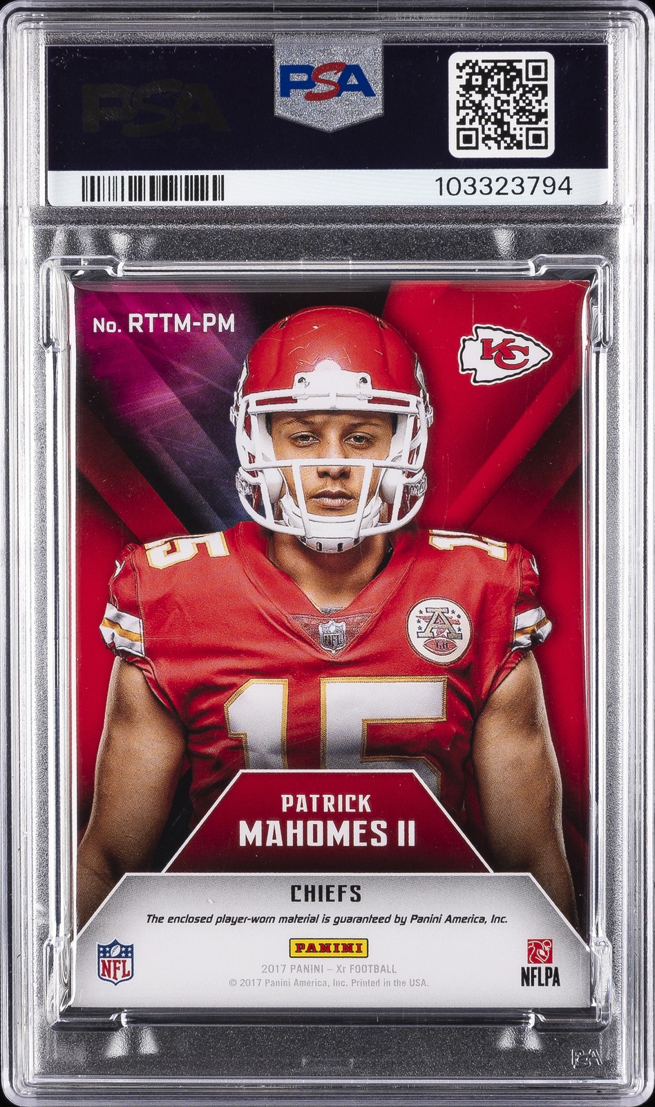 2017 PANINI XR ROOKIE TRIPLE THREATS MATERIALS PATRICK MAHOMES II 75/99 PSA 7 view 2