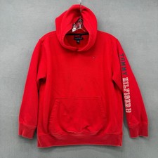 Tommy Hilfiger Boys Red Logo Sleeve Fleece Pullover Hoodie Youth L 16/18