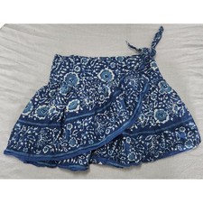 90s 00s Ralph Lauren Girls Blue White Floral Linen Blend Wrap Ruffle Skirt 7