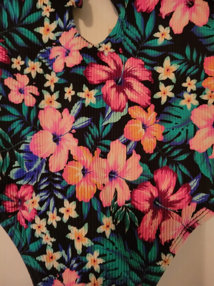 NWT Island Soul One Piece Swimsuit Sz S Black Neon Floral Print Tie Front Bathin - Image 3 of 4