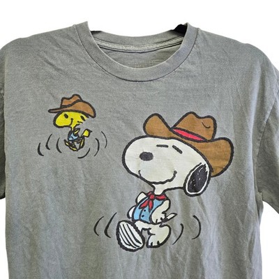Vintage Peanuts Snoopy Woodstock Cowboy Graphic T-Shirt Olive Green Mens Medium