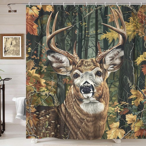 Camo Hunting Shower Curtain, Rustic Cabin Deer Forest Woodland Wildlife Showe... - Picture 2 of 6