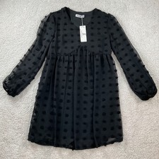 Jasambac Black Swiss Dot Balloon Sleeve V-Neck Babydoll Mini Dress Small NWT