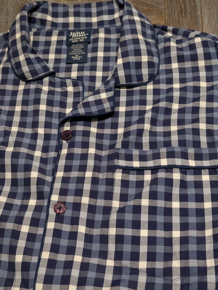 Camisa de pijama John Blair XL azul a cuadros mezcla de algodón botón delantero manga larga dormir Foto 3 de 4