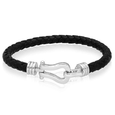 Sterlingsilber Hakenverschluss schwarz geflochtenes Lederarmband (massive Glieder) 8,5''