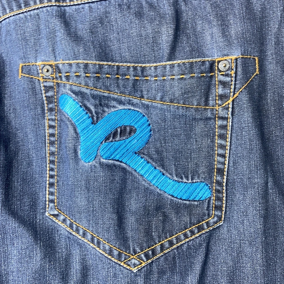 Jeans vintage Rocawear hip hop Y2 45X23 bolsos bordados largos jeans azul - Imagem 3 de 4