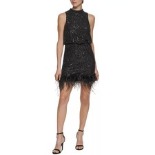 Eliza J Sequined Feather Hem Mini Dress Party Glam Mockneck Cocktail US 8 NWT
