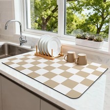 Khaki Checkered Dish Drying Mat 24" x 16" for Kitchen Counter, Absorbent Coff.