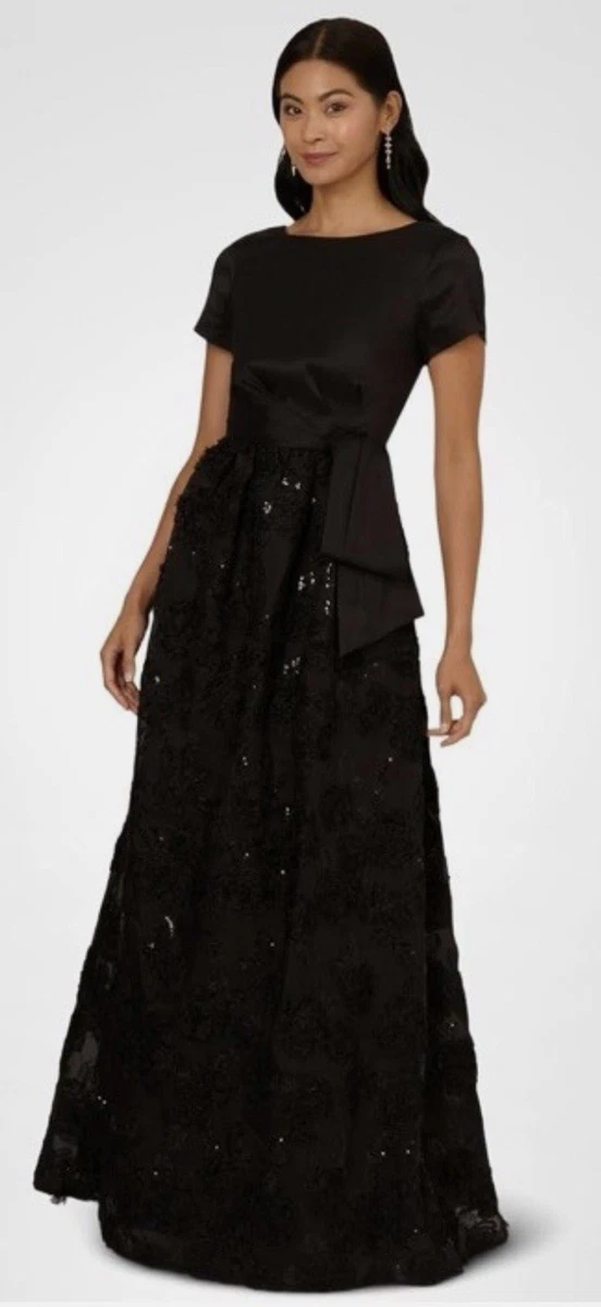 Vestido Adrianna Papell Soutache Detalle Floral Línea A Negro - Talla 16 Nuevo con Etiquetas