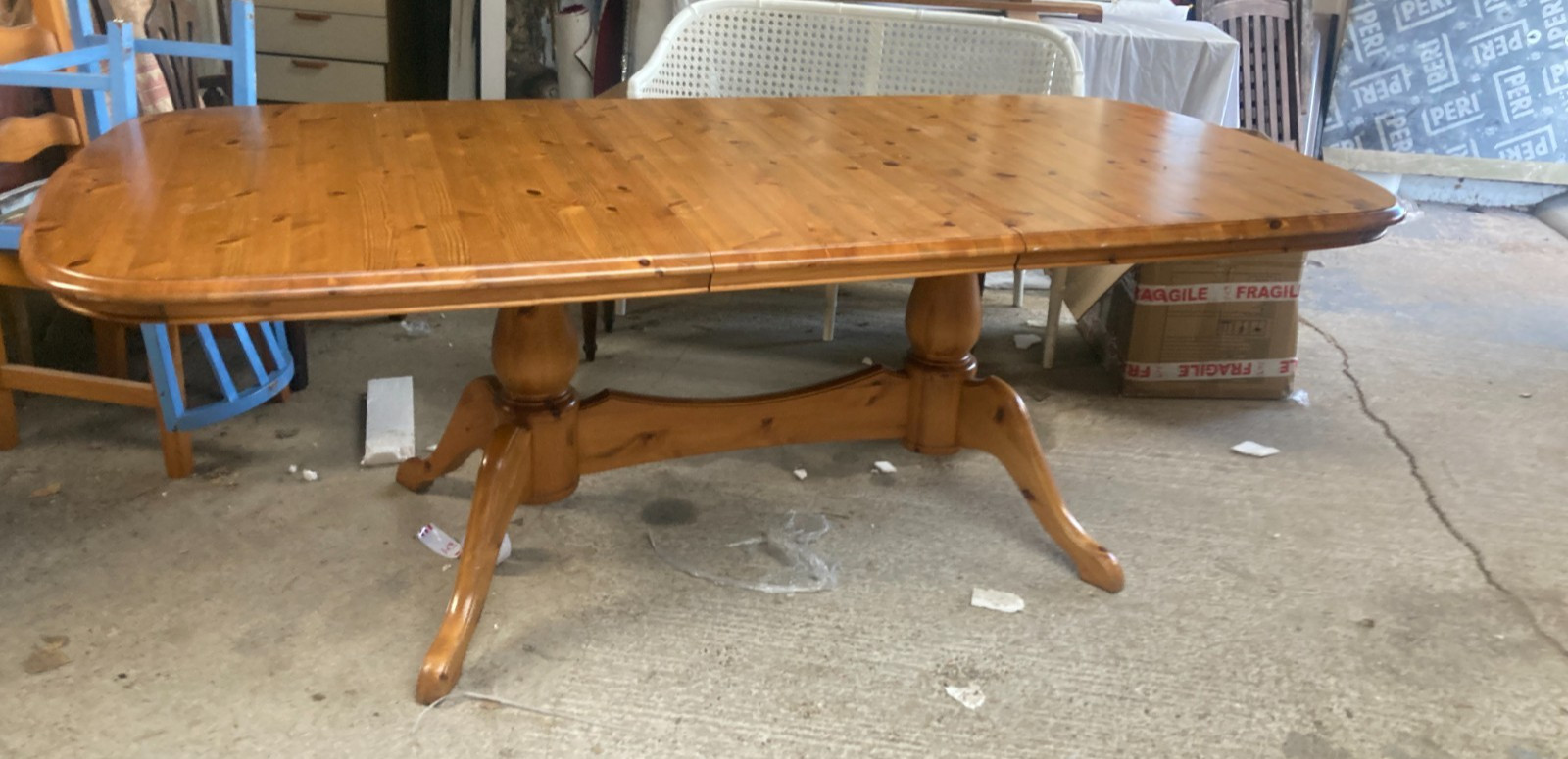Large Solid Natural Brown Pine Oval Double Pedestal Extending Dining Table